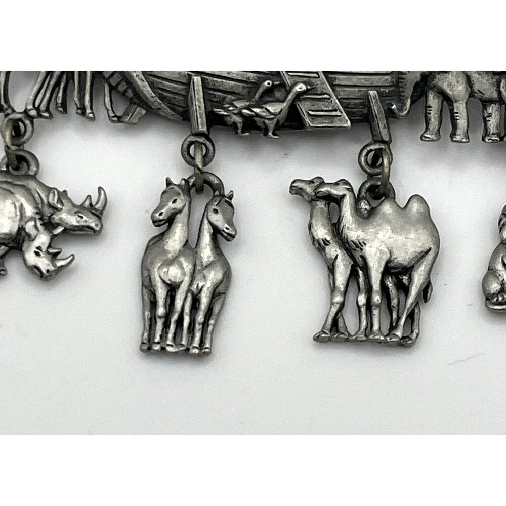 Vintage Pewter JJ Jonette Noah's Ark Brooch Pin Animal Dangles Charms Camel Lion